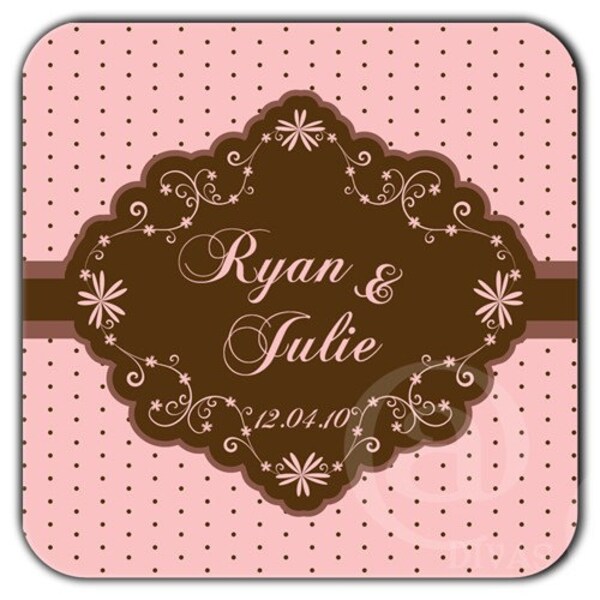 Personalized Decorative Wedding Labels in Pink and Brown With Polka Dots - 100 GLOSSY Square Stickers
