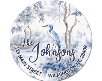 Blue Toile Heron Personalized Address Labels / Coastal Bird Stickers / Return Address Label / Envelope Seals / Wedding Labels / Thank You