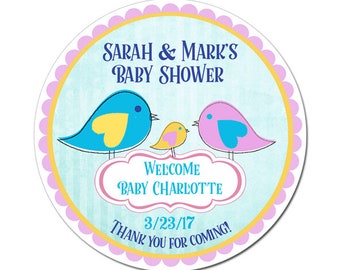 Custom Baby Girl Shower Labels Family of Three Birds Personalized Round Glossy Designer Stickers