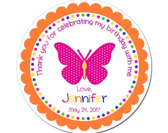 Custom Butterfly Birthday Labels Personalized Round Glossy Favor Stickers For Birthdays or Any Occasion