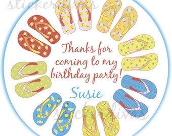 Personalized Birthday Flip Flops Design Round Glossy Labels for Party Favors, Gift Bags, Envelope Seals, Address Labels - Set of 100