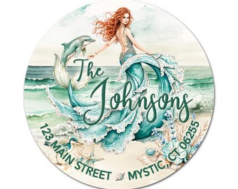 Siren Mermaid Who Dances With Dolphins Personalized Address Labels / Custom Stickers / Return Address/ Envelope Seals / Coastal Beach Design