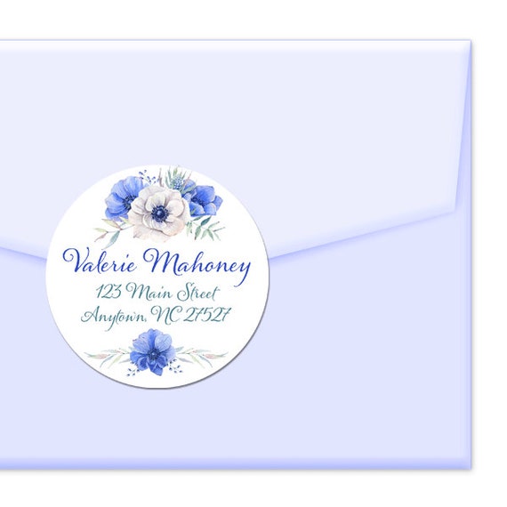 Personalized Address Labels Blue White Anemone Flowers Custom Labels Envelope Seals Spring Floral Favor Labels Thank You Labels