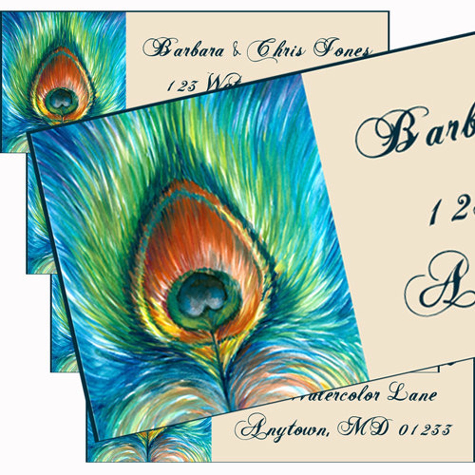Peacock Feather Watercolor Designer Address Labels - 2.75 Inch X 1 Inch ...