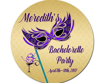 Custom Bachelorette Party Labels Personalized Mardi Gras Mask Cocktail Round Glossy Favor Stickers Birthdays Brides Weddings Any Occasion