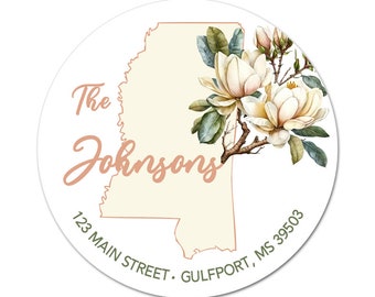 Mississippi Address Labels, MS State Flower, Magnolia, Return Address, Personalized Stickers, Envelope Seals, Wedding Labels, New Home