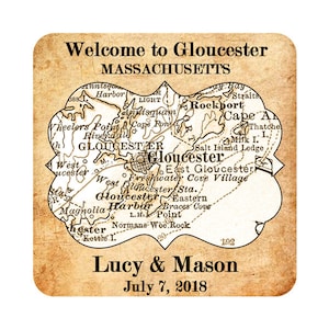 May include: A vintage-style map of Gloucester, Massachusetts, with the text "Welcome to Gloucester, MASSACHUSETTS" at the top and "Lucy & Mason July 7, 2018" at the bottom.