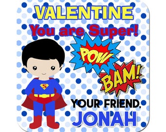 Personalized Valentines Day Stickers Super Hero Pow Bam Square Glossy Designer Stickers