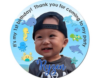 Custom Photo Birthday Labels Under The Sea Theme Round Glossy Favor Stickers