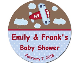 Personalized Baby Shower Labels / Airplane Stickers / Boy Themed Baby Shower Stickers / Round Glossy Labels