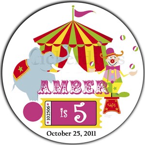 May include: A colorful circus-themed birthday party invitation with a red, yellow, and green striped tent, a gray elephant, a clown juggling balls, and the text "Amber is 5 October 25, 2011".