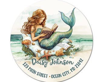 Mermaid Reading Book At Beach Personalized Address Labels / Custom Stickers / Return Address/ Envelope Seals / Coastal Design