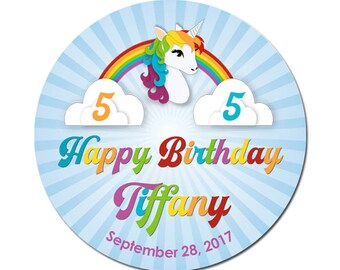 Custom Birthday Labels Unicorn With Rainbow For Children Girls Round Glossy Designer Stickers