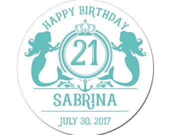 Custom Mermaid 21st Birthday Monogram Labels in Teal Blue Round Glossy Designer Stickers