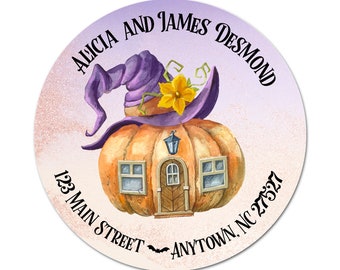 Fall Address Labels, Pumpkin House With Purple Witch Hat, Personalized Sticker, Envelope Seal, Client Appreciation, Packaging, Shop Labels