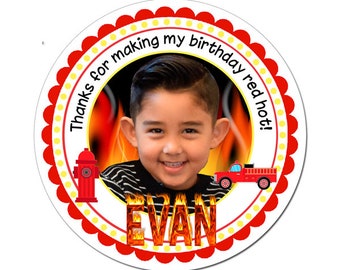 Custom Photo Birthday Labels Fire Truck Fire Man Theme Round Glossy Favor Stickers