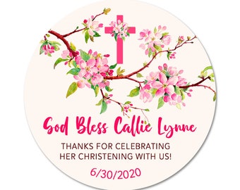 Cherry Blossoms & Cross / Custom Labels For Christening, Baptism, Confirmation or Communion Round Glossy Stickers / Choose Size at Checkout