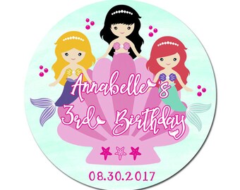 Custom Mermaid Friends Girl Birthday Labels  Round Glossy Designer Stickers