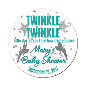 Custom Baby Shower Labels Twinkle Twinkle Personalized Teal and Silver Confetti Baby Boy or Girl Round Glossy Designer Stickers image 1