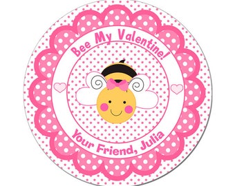 Personalized Valentines Day Stickers Bee My Valentine Cute Bee With Polka Dot Scallop Frame Round Glossy Designer Stickers