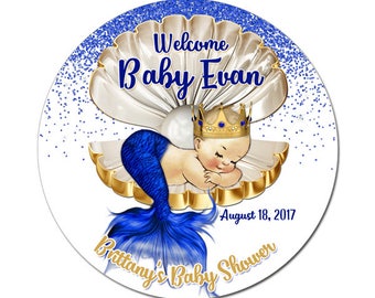 Custom Mermaid Baby Boy Shower Labels Blue Gold Round Glossy Designer Stickers