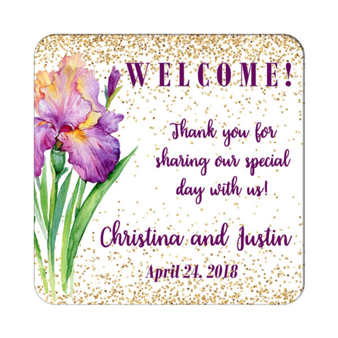 Personalized Wedding Welcome Labels Gold Confetti and Gorgeous Purple ...