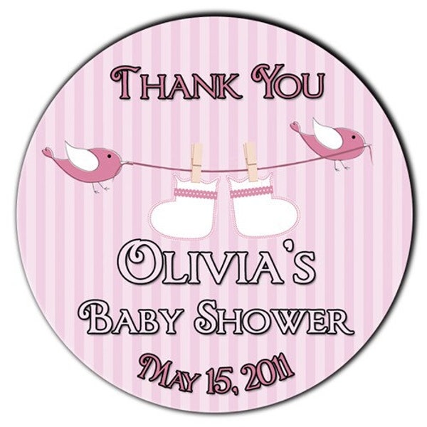 Birds and Booties on a Clothesline in Pink Baby Shower Personalized Glossy Round STickers