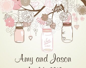 Wedding Labels Personalized Mason Jars on Tree Branch Round Glossy Stickers for Favors, Envelope Seals, Address Labels and more