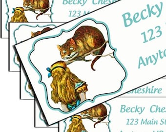 Alice and Cheshire Cat - Designer GLOSSY Address Labels -  2.75 Inch x 1 inch Rectangle - Weddings, Birthdays, Address Labels, Any Occasion