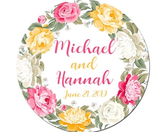 Personalized Wedding Labels Pink Yellow and White Rose Floral Wreath Pretty Flowers Round Glossy Stickers Custom Stickers