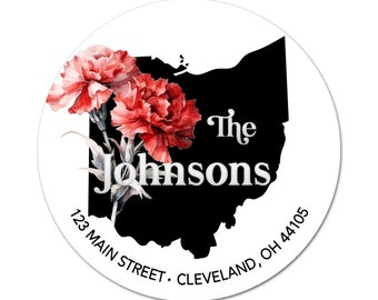 Ohio Address Labels, OH State Flower, Red Carnations, Return Address, Personalized Stickers, Envelope Seal, Weddings, New Home