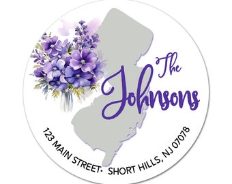 New Jersey Address Labels, NJ State Flower, Purple Violets, Return Address, Personalized Stickers, Envelope Seal, Wedding Labels, New Home