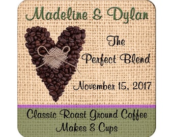 Custom Wedding Labels The Perfect Blend With a Coffee Themed Heart Square Glossy Designer Stickers - Quantity 100