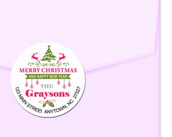 Holiday Address Labels / Merry Christmas Return Address Label / Mod Style Tree Deer Holly / Pink Green Envelope Seals / Custom Stickers