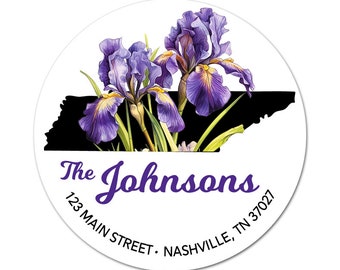 Tennessee Address Labels, TN State Flower, Purple Iris, Return Address, Personalized Sticker, Envelope Seal, Weddings, New Home, Client Gift