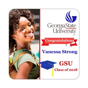 May include: A graduation announcement with a photo of a woman smiling. The announcement is white with blue and red accents. It says "Georgia State University" and "Congratulations Vanessa Strong GSU Class of 2018".