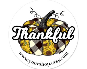 Fall Thankful Label, Pumpkin with Sunflowers and Buffalo Plaid Design, Personalized Sticker, Envelope Seal, Client Appreciation, Packaging