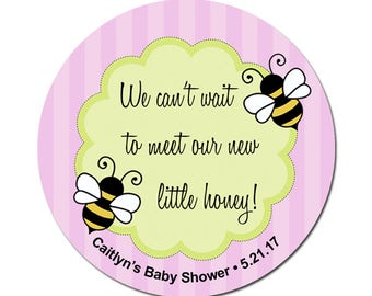 Custom Baby Girl Shower Labels Little Honey Bees Personalized Round Glossy Designer Stickers
