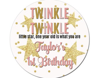 Custom Birthday Labels Personalized Twinkle Twinkle First Birthday Pink Gold Stars Round Glossy Favor Stickers