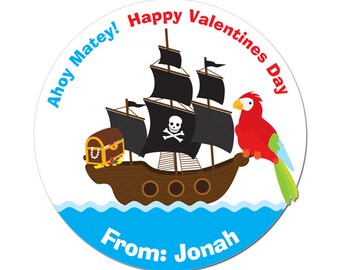 Personalized Valentines Day Stickers Pirate Ship Ahoy Matey  Round Glossy Designer Stickers