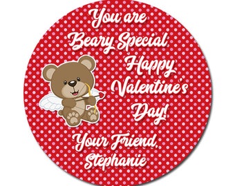 Personalized Valentines Day Stickers You Are Beary Special Cute Bear With Wings on Polka Dot Background Round Glossy Designer Stickers