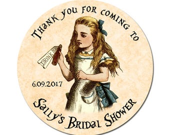 Personalized Alice In Wonderland Bridal Shower Labels Drink Me Round Glossy Designer Stickers