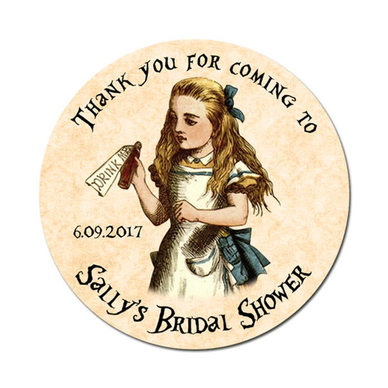 Personalized Alice In Wonderland Bridal Shower Labels Drink Me Round Glossy Designer Stickers