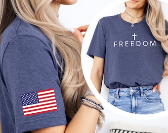 Under the Freedom Flag Shirt • US Flag on Sleeve Tee • Christian Cross Shirt T-Shirt • 4th of July Gift • Independence Day Gift