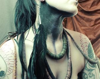 Single Tribal Earring ... Black Rooser Feathers and Silver Chains
