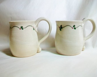 Set of 2  Mugs -   Thrown on the Potters Wheel - Stoneware, Hand-painted Floral/Vine Design, Ready to Ship. Each is a OOAK