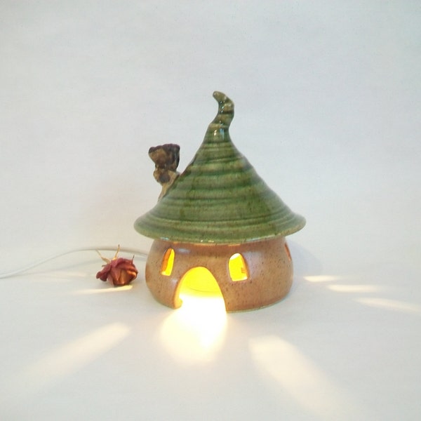 ToadHouse/ Fairy House/ Night Light with a Crooked Green Roof and a Chimney