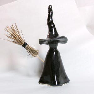 Handmade Halloween Witch with Broom and a Crooked Hat -- OOAK Pottery Decor