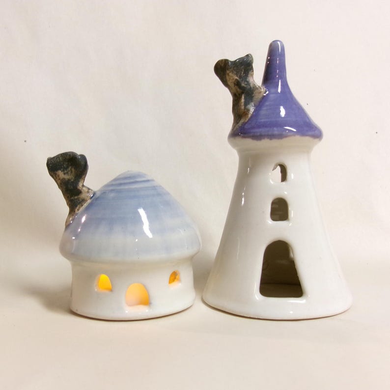 Handmade Pastel Garden Fairy Houses - Set of 2- Tower and Cottage - Tea Light Size