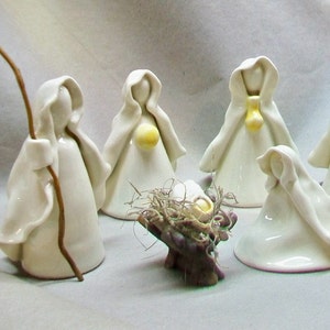 Nativity Set 3pc Plus Manger Translucent White Wheel Thrown, Hand Sculpted Porcelain Unique OOAK in production image 7